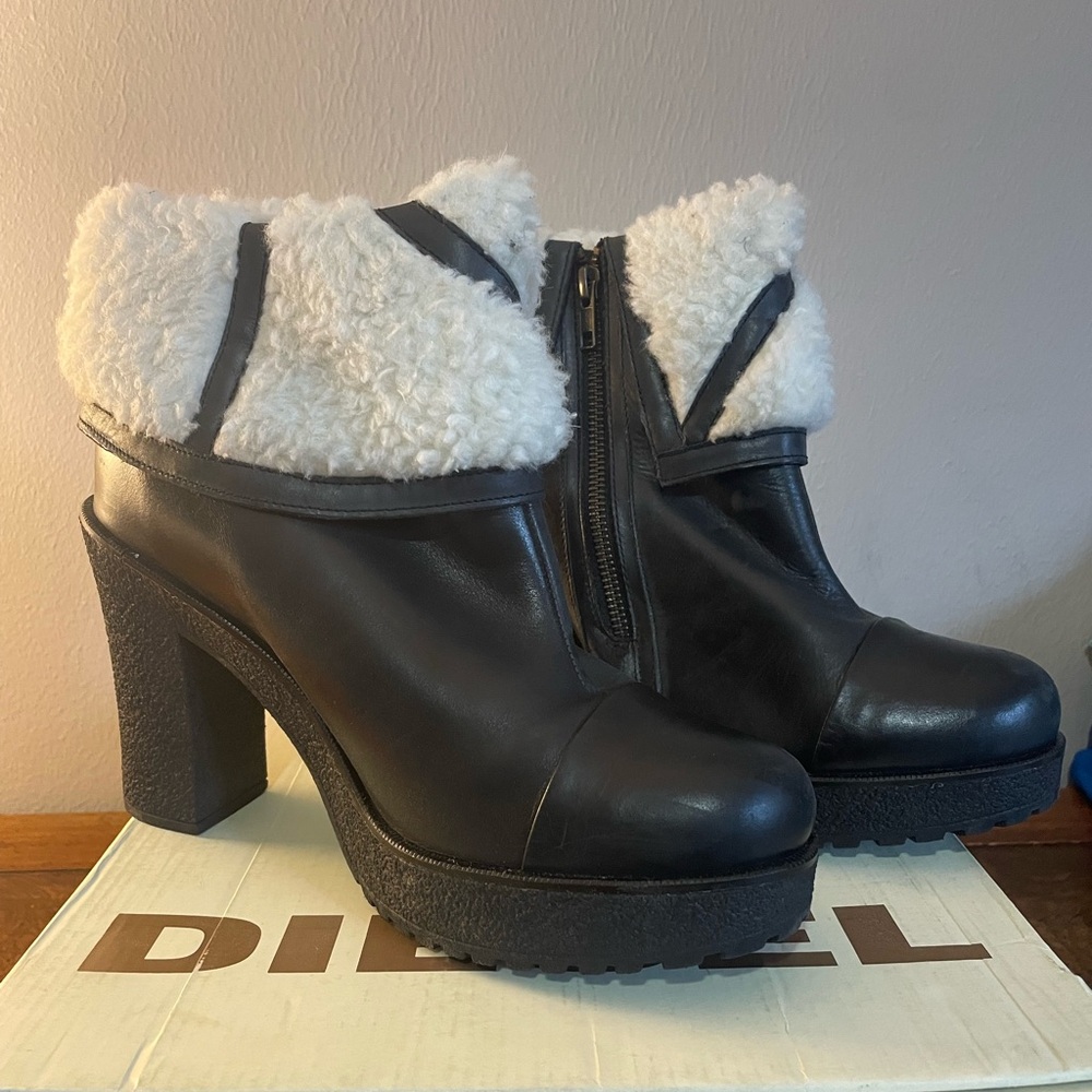 Diesel Black and White Heeled Boots with Chunky Heel